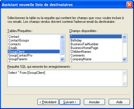 Assistant nouvelle liste de destinataires