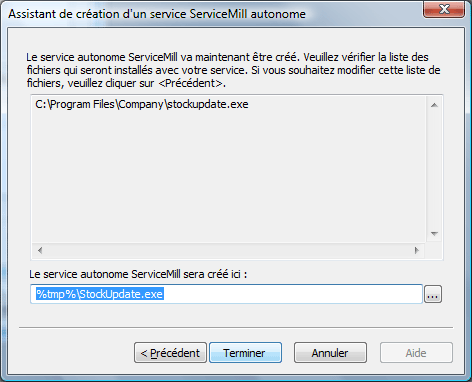 Configuration du service dans ServiceMill Exe Builder